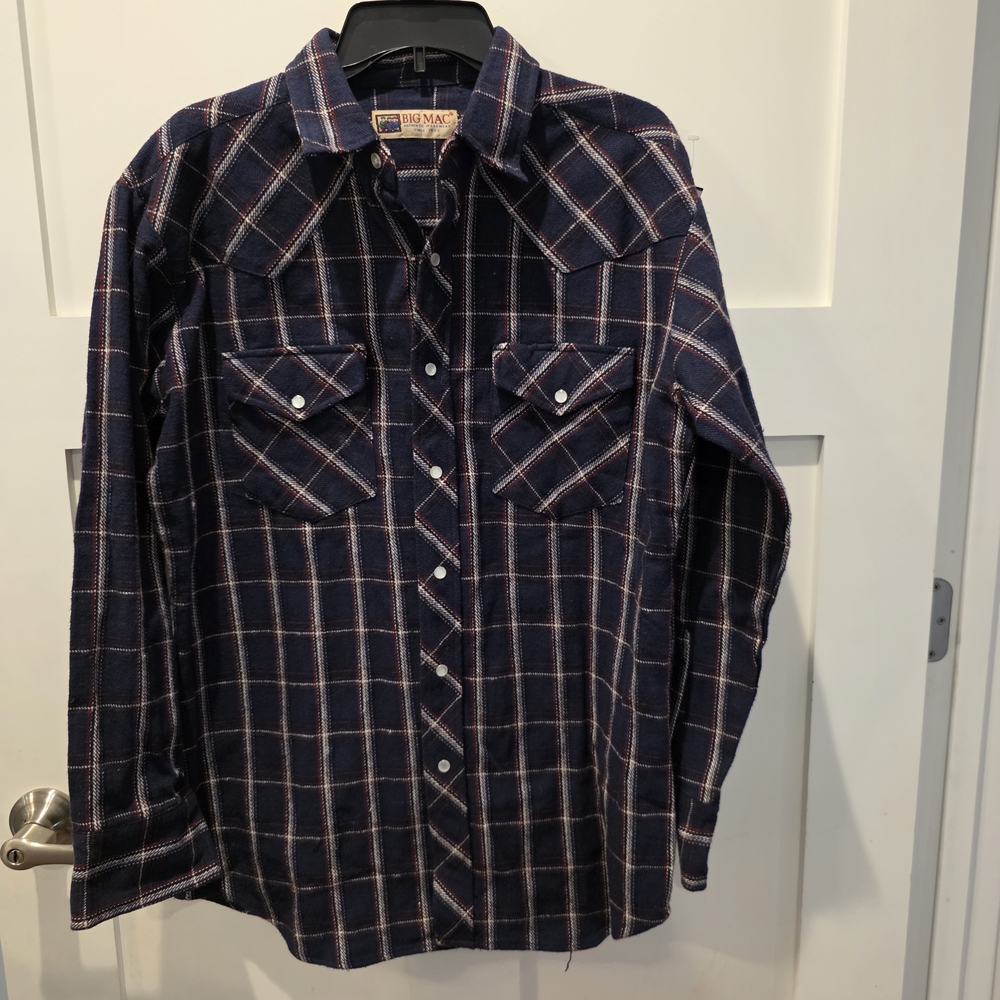 VTG Big Mac Navy Red Western Heavy Cotton Pearl Snap Shirt Mens Med Workwear